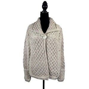 Aran Mor Chunky Speckled Wool Cableknit 1 Button Cardigan Sweater Size M